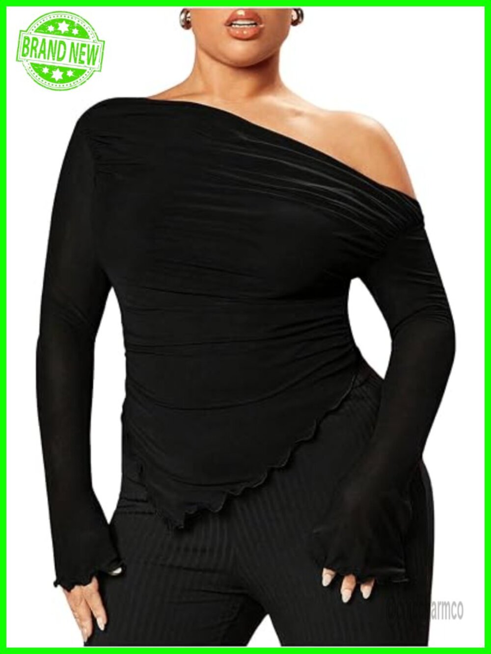Plus Size Off Shoulder Mesh Ruched Asymmetrical Long Sleeve Top